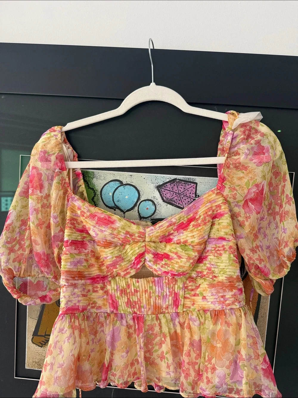 Astr Floral Puff-Sleeve Peplum Top in Pink and Yellow